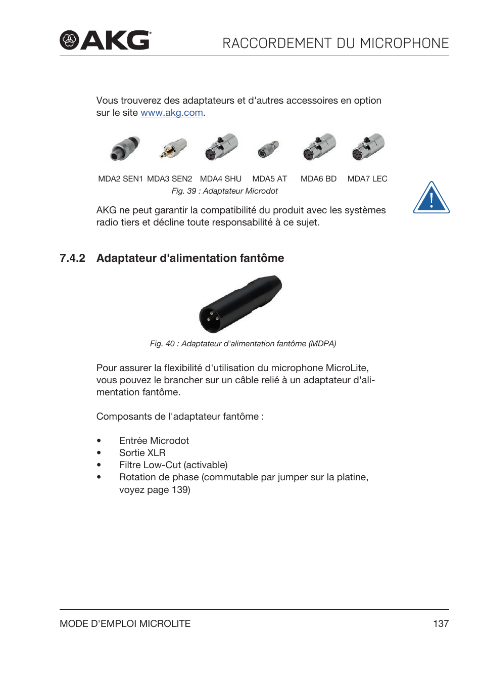 2 adaptateur d'alimentation fantôme, Adaptateur d'alimentation fantôme, Raccordement du microphone | Akg LC81 MD Reference Lightweight Cardioid Lavalier Microphone (Black) User Manual | Page 137 / 208