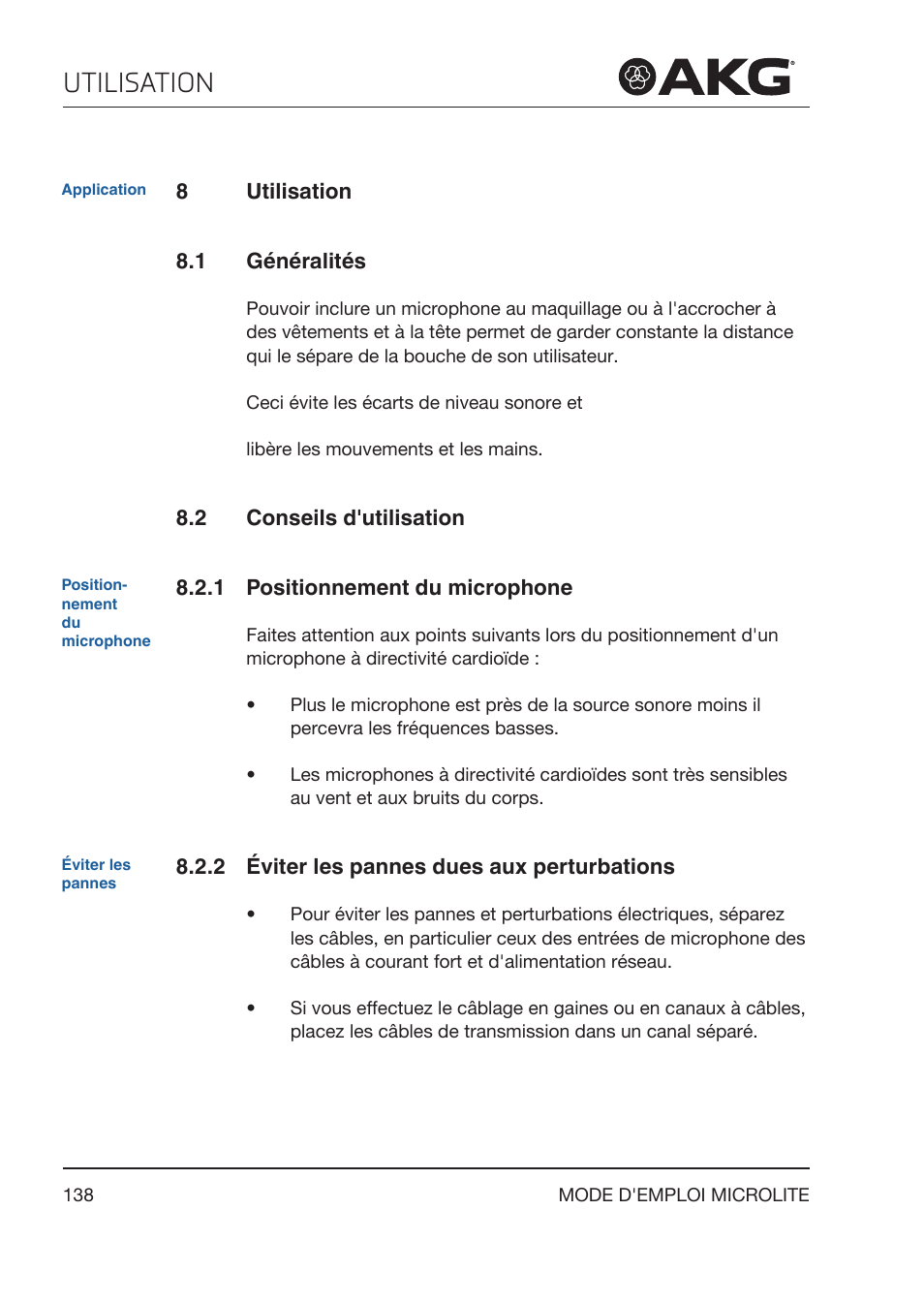 8 utilisation, 1 généralités, 2 conseils d'utilisation | 1 positionnement du microphone, 2 éviter les pannes dues aux perturbations, Utilisation, Conseils d'utilisation, Positionnement du microphone, Éviter les pannes dues aux perturbations | Akg LC81 MD Reference Lightweight Cardioid Lavalier Microphone (Black) User Manual | Page 138 / 208