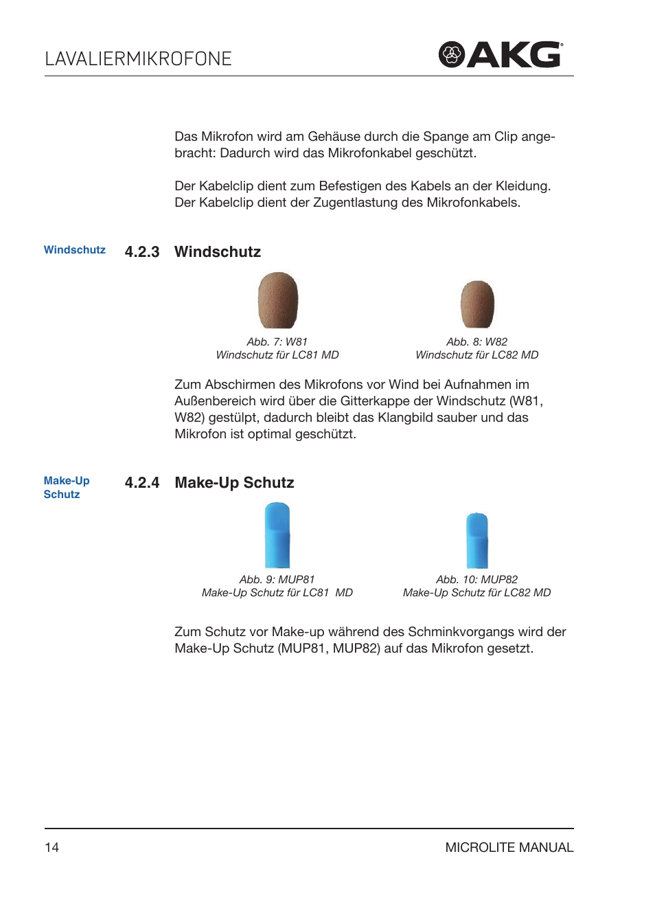 3 windschutz, 4 make‑up schutz, Make‑up schutz | Lavaliermikrofone, 4 make­up schutz | Akg LC81 MD Reference Lightweight Cardioid Lavalier Microphone (Black) User Manual | Page 14 / 208