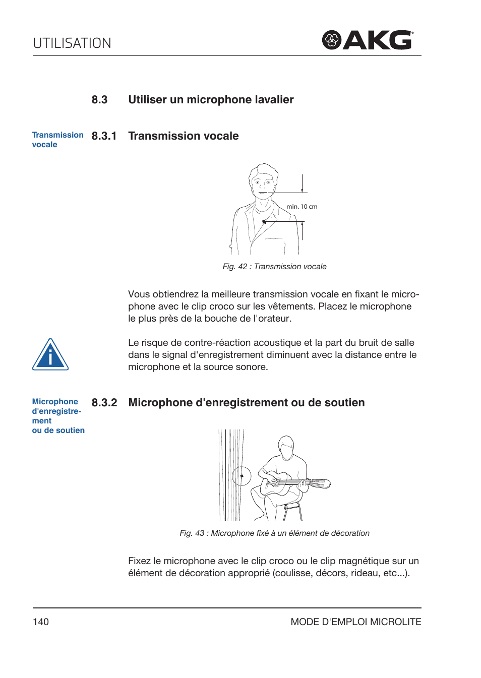 3 utiliser un microphone lavalier, 1 transmission vocale, 2 microphone d'enregistrement ou de soutien | Utiliser un microphone lavalier, Transmission vocale, Microphone d'enregistrement ou de soutien, Utilisation | Akg LC81 MD Reference Lightweight Cardioid Lavalier Microphone (Black) User Manual | Page 140 / 208