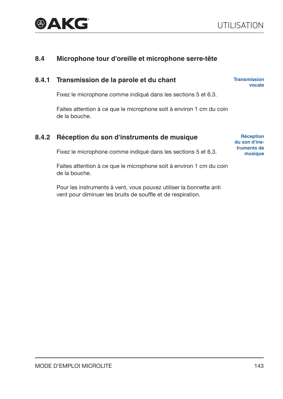 1 transmission de la parole et du chant, 2 réception du son d'instruments de musique, Microphone tour d'oreille et microphone serre‑tête | Transmission de la parole et du chant, Réception du son d'instruments de musique, Utilisation | Akg LC81 MD Reference Lightweight Cardioid Lavalier Microphone (Black) User Manual | Page 143 / 208