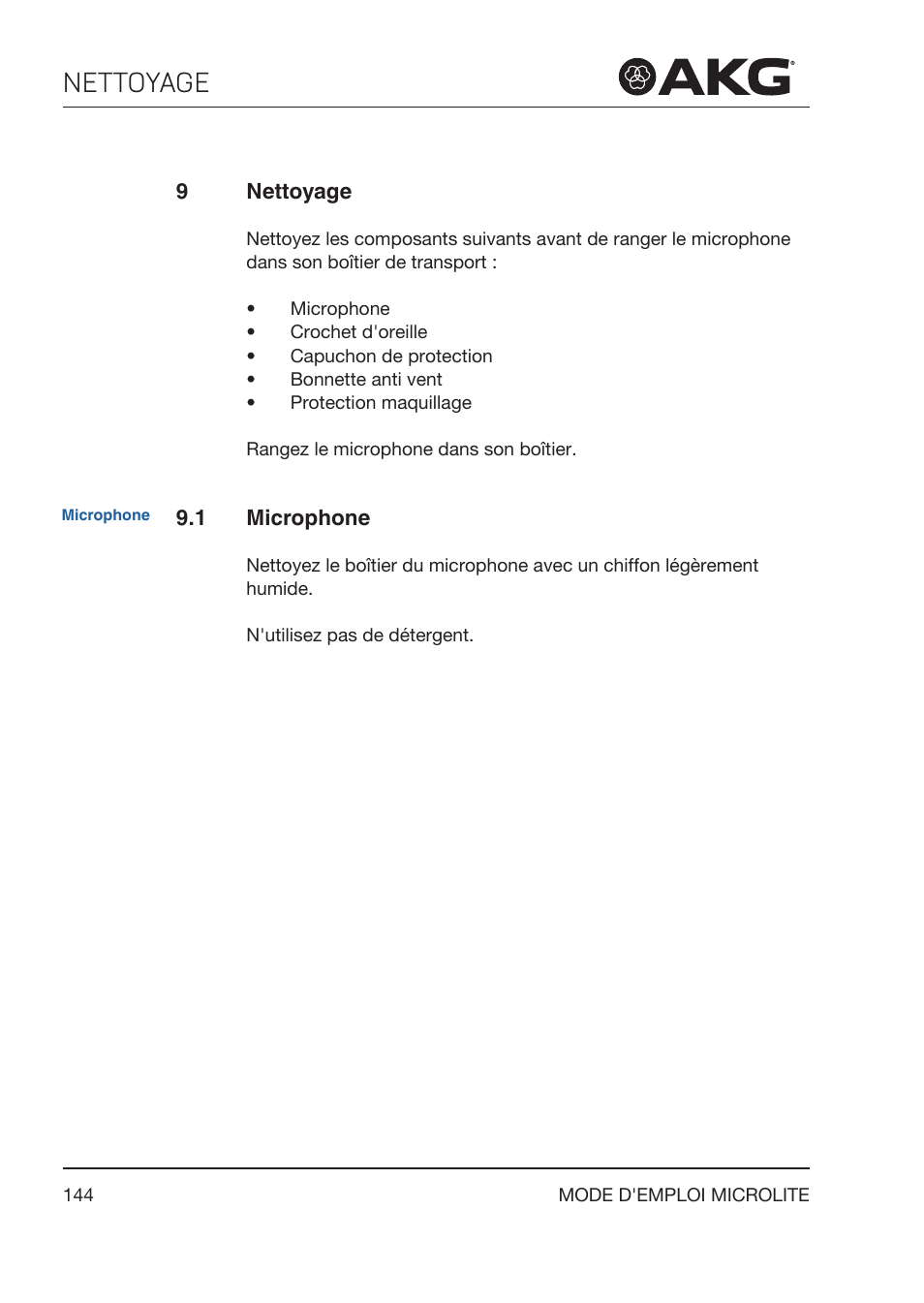 9 nettoyage, 1 microphone, Nettoyage | Akg LC81 MD Reference Lightweight Cardioid Lavalier Microphone (Black) User Manual | Page 144 / 208