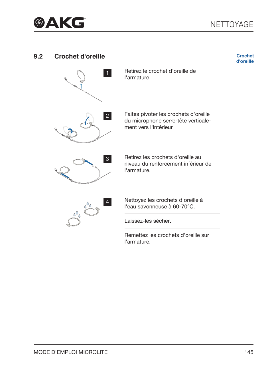 2 crochet d'oreille, Crochet d'oreille, Nettoyage | Akg LC81 MD Reference Lightweight Cardioid Lavalier Microphone (Black) User Manual | Page 145 / 208