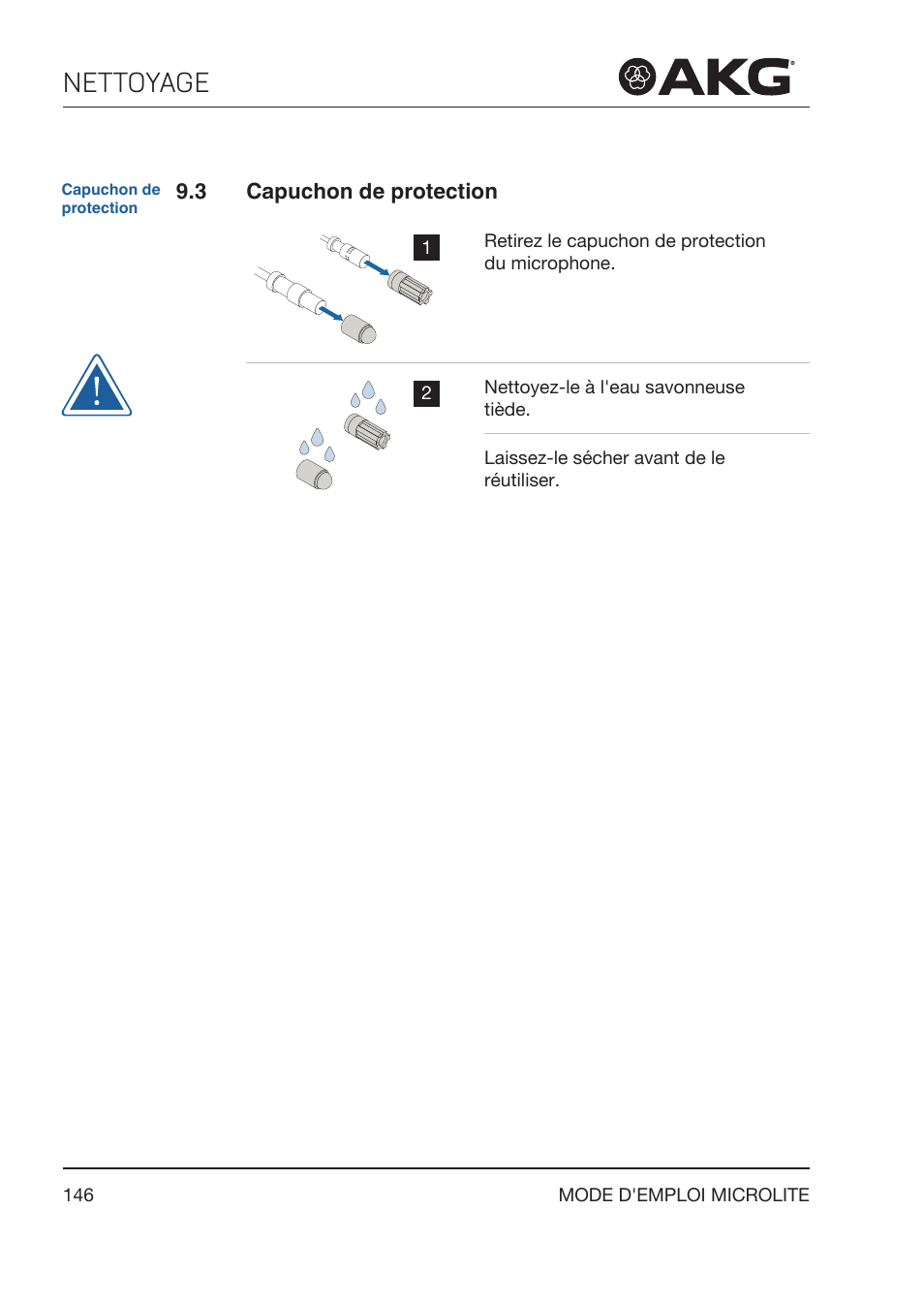 3 capuchon de protection, Capuchon de protection, Nettoyage | Akg LC81 MD Reference Lightweight Cardioid Lavalier Microphone (Black) User Manual | Page 146 / 208