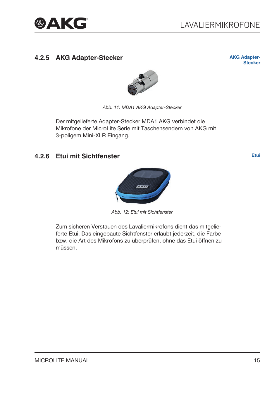 5 akg adapter‑stecker, 6 etui mit sichtfenster, Akg adapter‑stecker | Etui mit sichtfenster, Lavaliermikrofone | Akg LC81 MD Reference Lightweight Cardioid Lavalier Microphone (Black) User Manual | Page 15 / 208