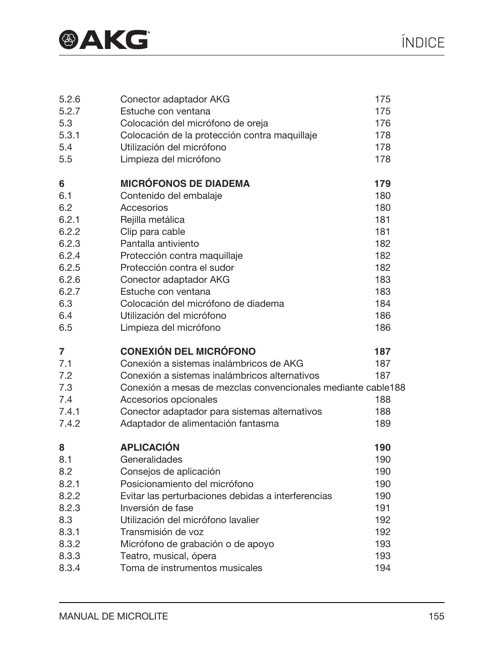 Índice | Akg LC81 MD Reference Lightweight Cardioid Lavalier Microphone (Black) User Manual | Page 155 / 208