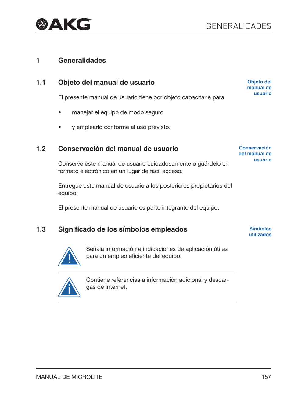 1 generalidades, 1 objeto del manual de usuario, 2 conservación del manual de usuario | 3 significado de los símbolos empleados, Generalidades, Objeto del manual de usuario, Conservación del manual de usuario, Significado de los símbolos empleados | Akg LC81 MD Reference Lightweight Cardioid Lavalier Microphone (Black) User Manual | Page 157 / 208