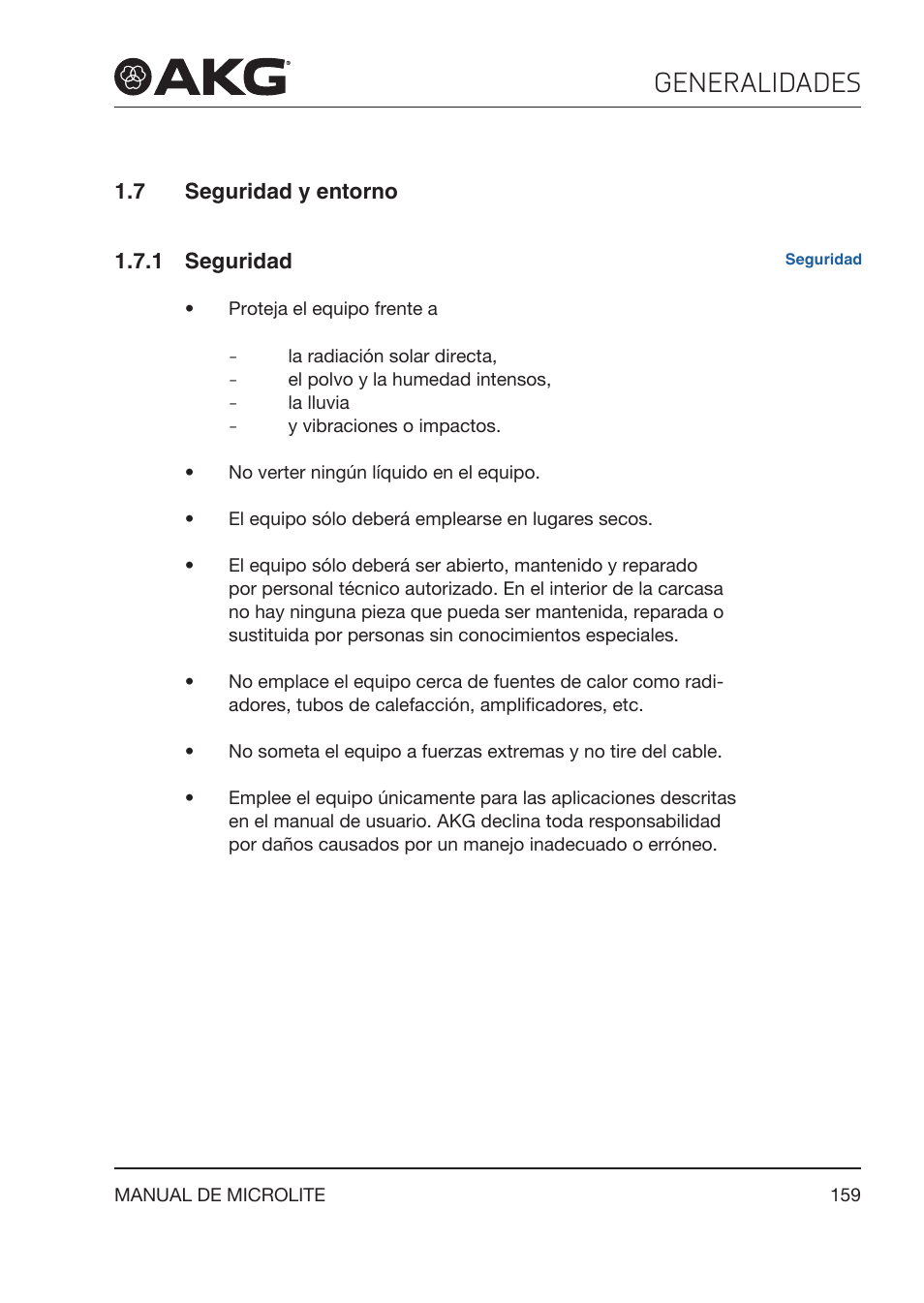 7 seguridad y entorno, 1 seguridad, Seguridad y entorno | Generalidades | Akg LC81 MD Reference Lightweight Cardioid Lavalier Microphone (Black) User Manual | Page 159 / 208