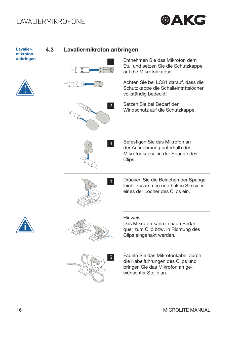 3 lavaliermikrofon anbringen, Lavaliermikrofon anbringen, Lavaliermikrofone | Akg LC81 MD Reference Lightweight Cardioid Lavalier Microphone (Black) User Manual | Page 16 / 208