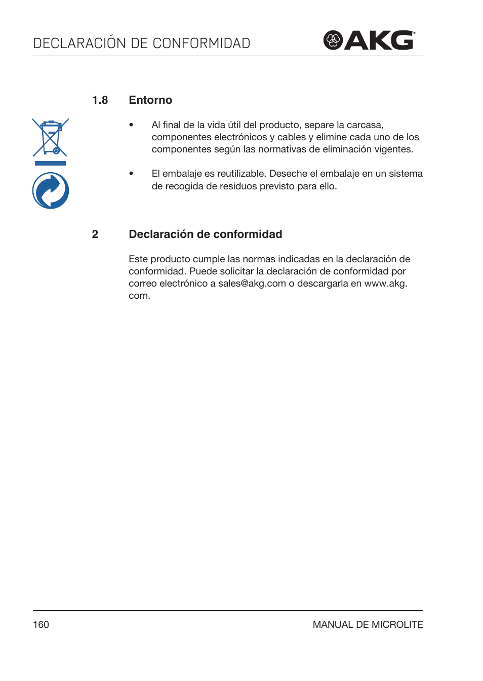 8 entorno, 2 declaración de conformidad, Declaración de conformidad | Akg LC81 MD Reference Lightweight Cardioid Lavalier Microphone (Black) User Manual | Page 160 / 208
