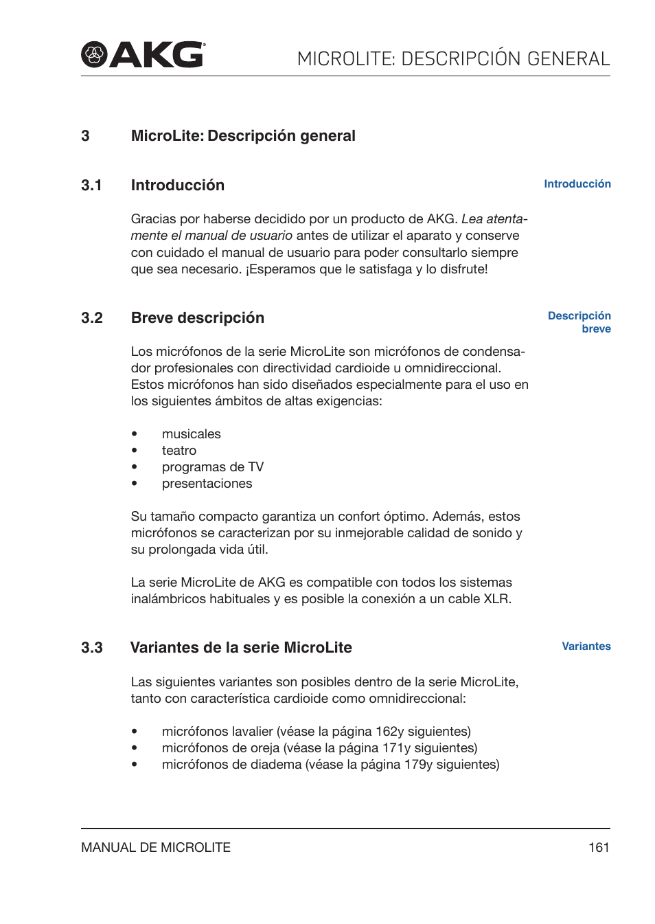 3 microlite: descripción general, 1 introducción, 2 breve descripción | 3 variantes de la serie microlite, Microlite: descripción general, Breve descripción, Variantes de la serie microlite | Akg LC81 MD Reference Lightweight Cardioid Lavalier Microphone (Black) User Manual | Page 161 / 208