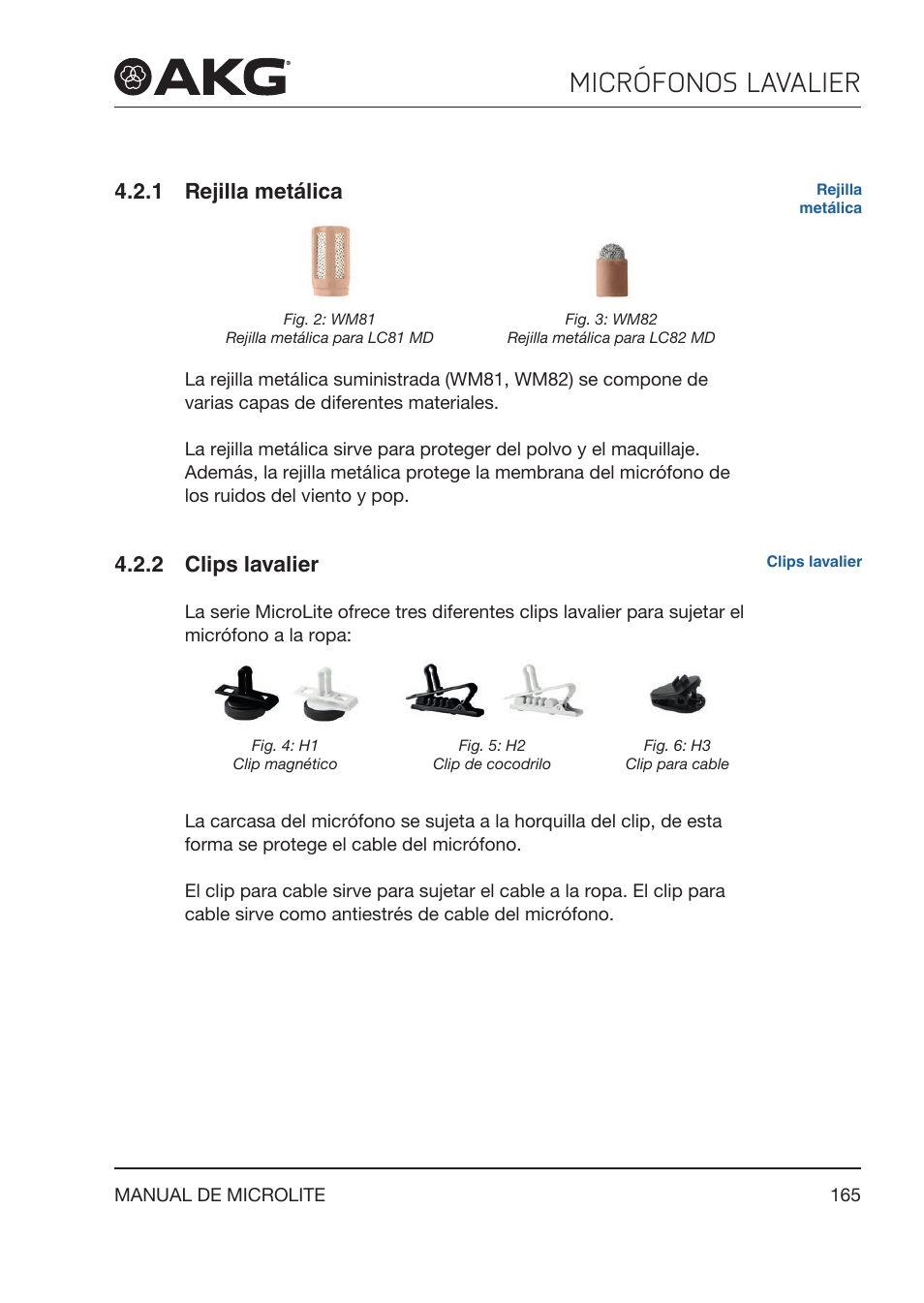 1 rejilla metálica, 2 clips lavalier, Rejilla metálica | Clips lavalier, Micrófonos lavalier | Akg LC81 MD Reference Lightweight Cardioid Lavalier Microphone (Black) User Manual | Page 165 / 208