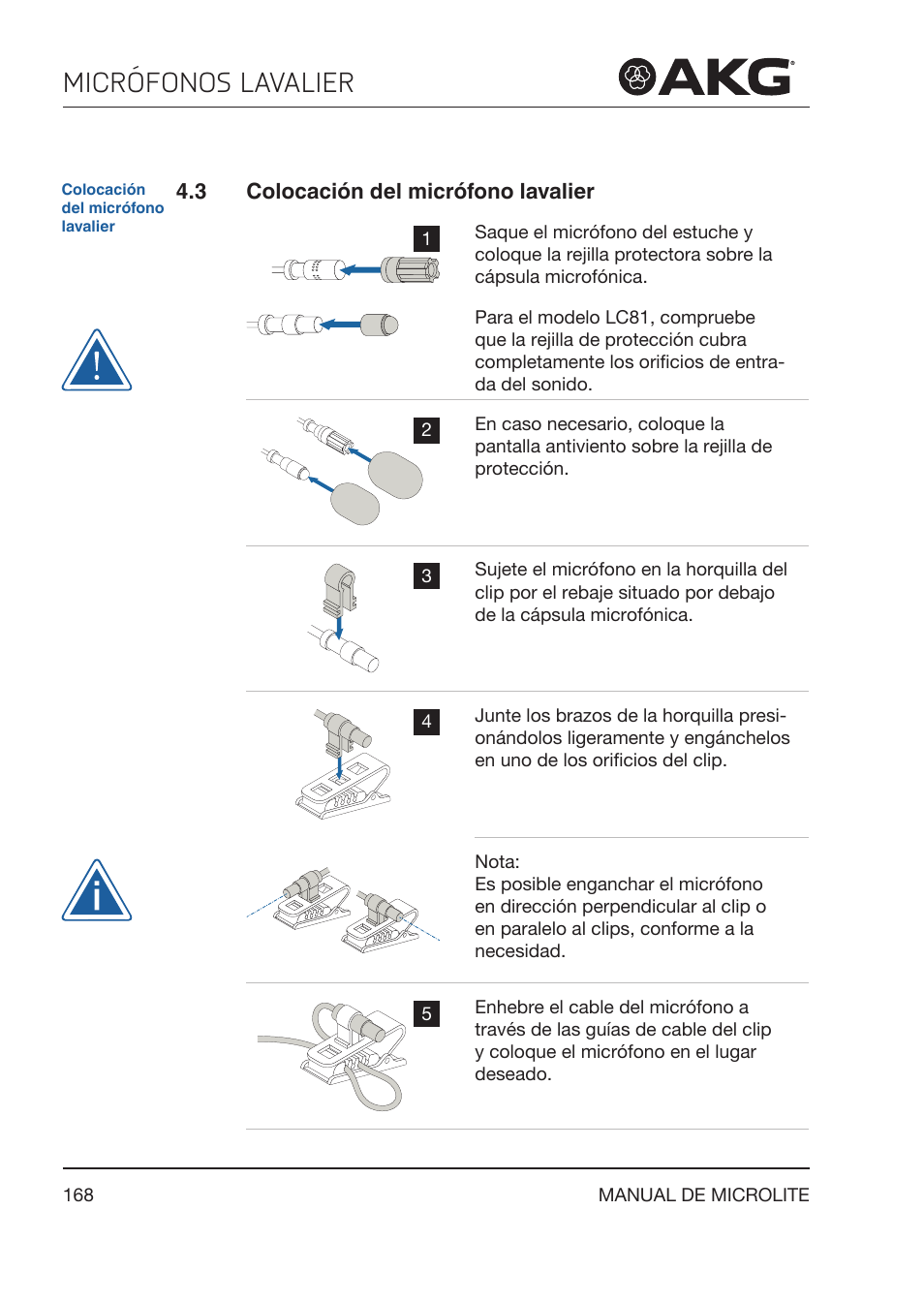 3 colocación del micrófono lavalier, Colocación del micrófono lavalier, Micrófonos lavalier | Akg LC81 MD Reference Lightweight Cardioid Lavalier Microphone (Black) User Manual | Page 168 / 208