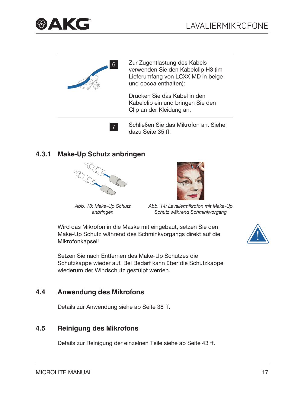 1 make‑up schutz anbringen, 4 anwendung des mikrofons, 5 reinigung des mikrofons | Make‑up schutz anbringen, Anwendung des mikrofons, Reinigung des mikrofons, Lavaliermikrofone | Akg LC81 MD Reference Lightweight Cardioid Lavalier Microphone (Black) User Manual | Page 17 / 208
