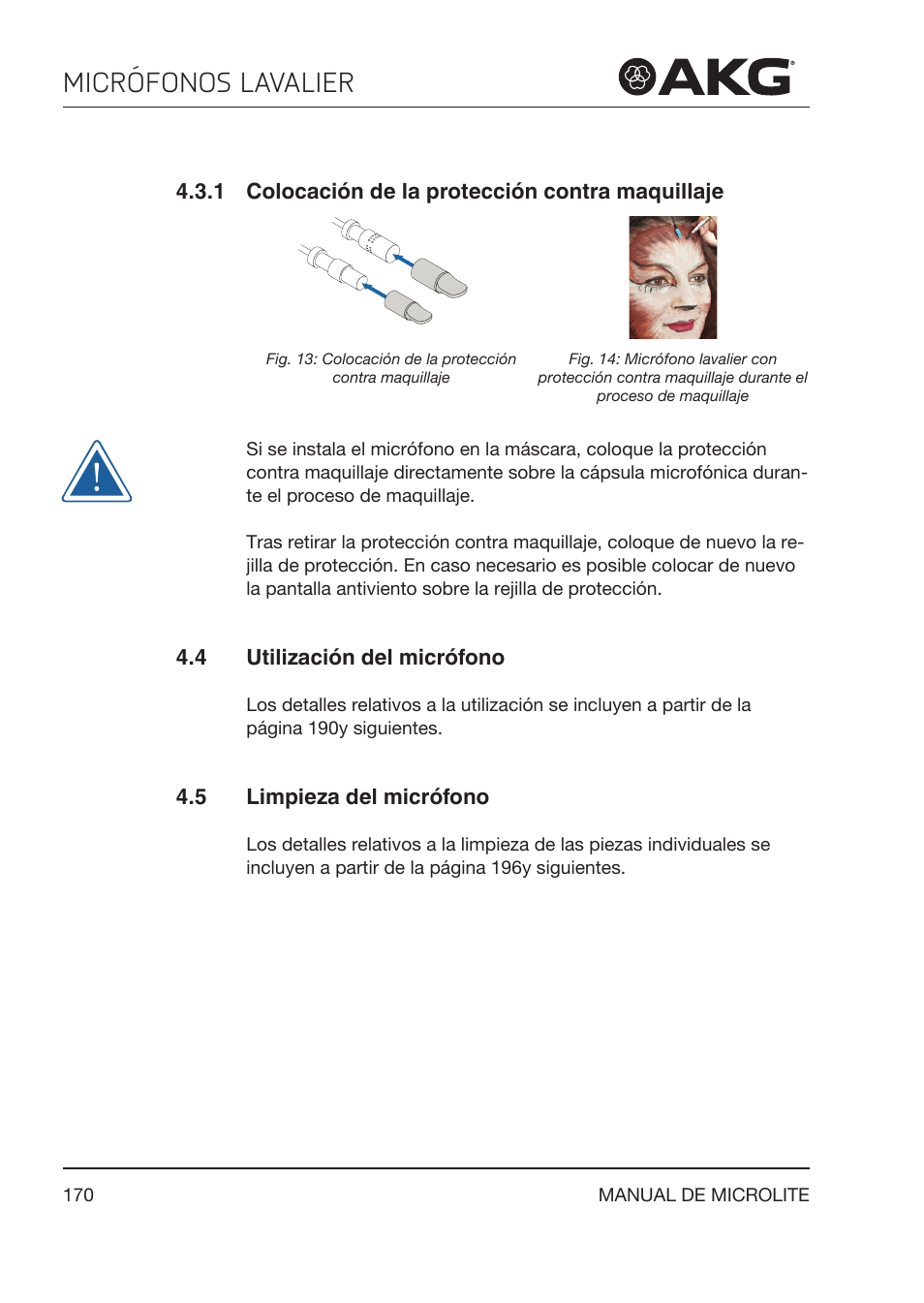 1 colocación de la protección contra maquillaje, 4 utilización del micrófono, 5 limpieza del micrófono | Colocación de la protección contra maquillaje, Utilización del micrófono, Limpieza del micrófono, Micrófonos lavalier | Akg LC81 MD Reference Lightweight Cardioid Lavalier Microphone (Black) User Manual | Page 170 / 208