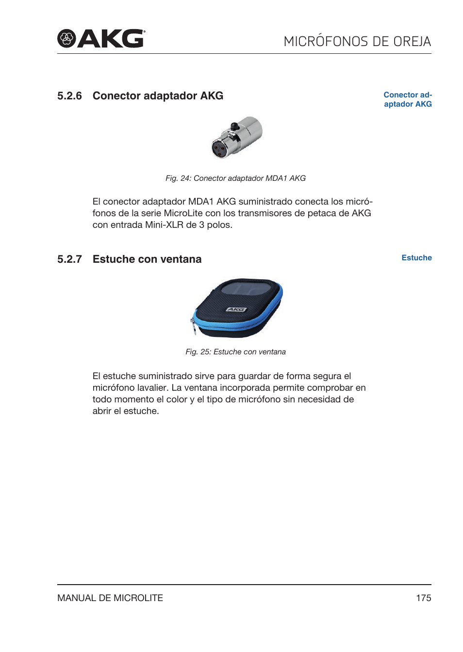 6 conector adaptador akg, 7 estuche con ventana, Conector adaptador akg | Estuche con ventana, Micrófonos de oreja | Akg LC81 MD Reference Lightweight Cardioid Lavalier Microphone (Black) User Manual | Page 175 / 208