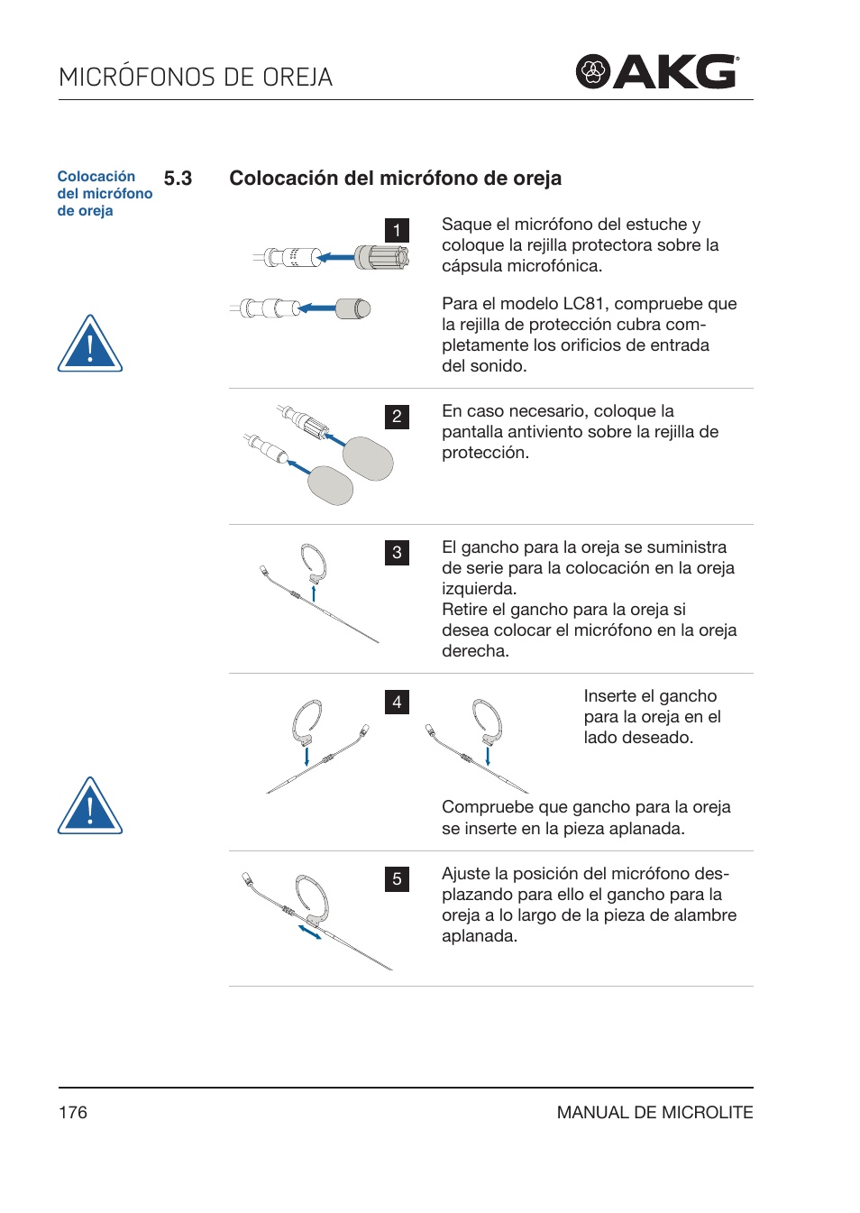3 colocación del micrófono de oreja, Colocación del micrófono de oreja, Micrófonos de oreja | Akg LC81 MD Reference Lightweight Cardioid Lavalier Microphone (Black) User Manual | Page 176 / 208