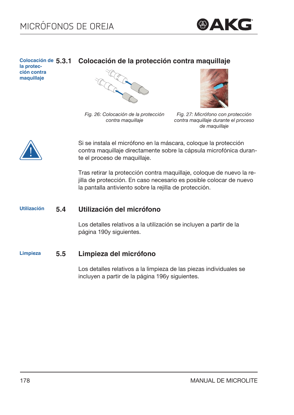 1 colocación de la protección contra maquillaje, 4 utilización del micrófono, 5 limpieza del micrófono | Colocación de la protección contra maquillaje, Utilización del micrófono, Limpieza del micrófono, Micrófonos de oreja | Akg LC81 MD Reference Lightweight Cardioid Lavalier Microphone (Black) User Manual | Page 178 / 208