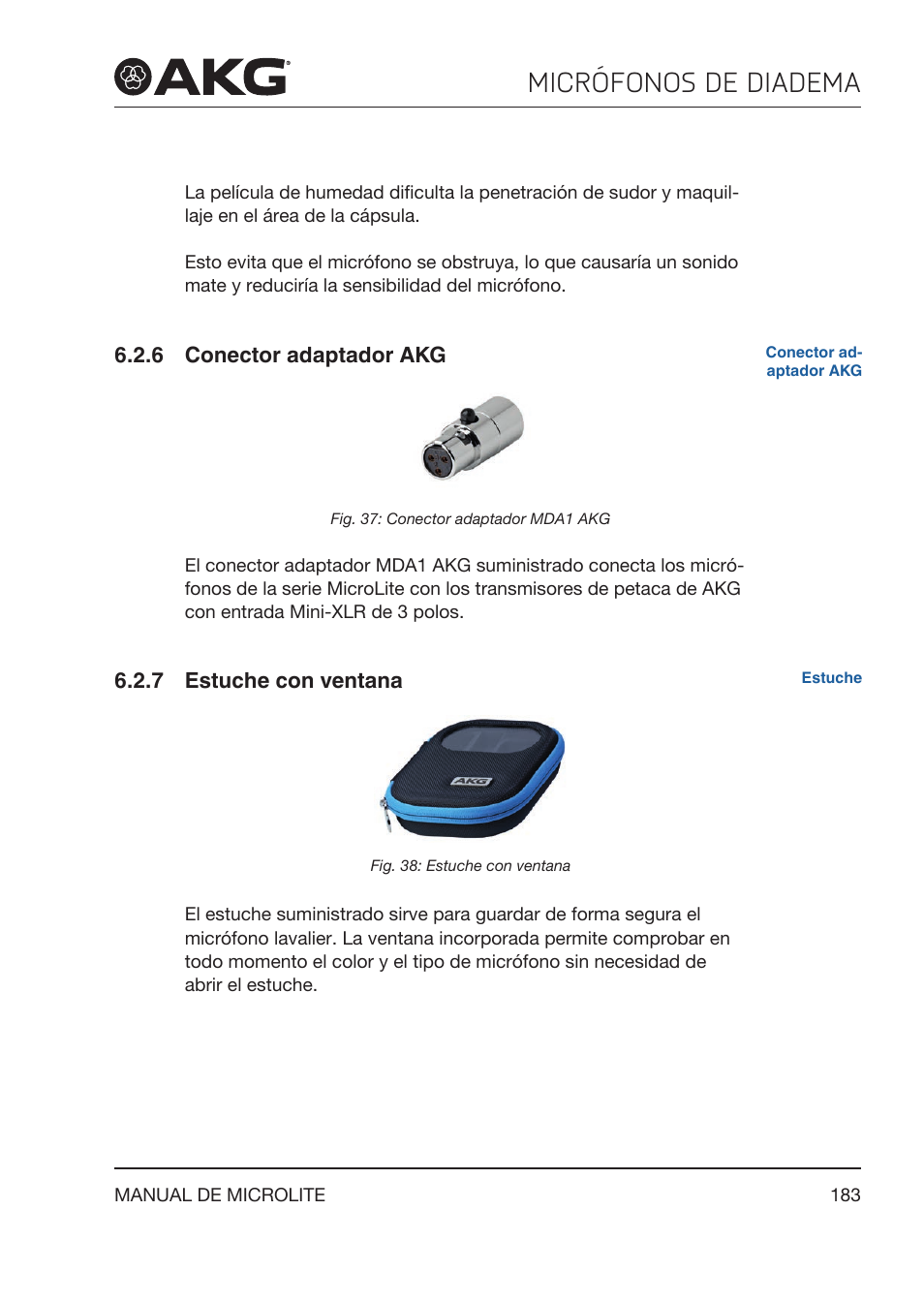 6 conector adaptador akg, 7 estuche con ventana, Conector adaptador akg | Estuche con ventana, Micrófonos de diadema | Akg LC81 MD Reference Lightweight Cardioid Lavalier Microphone (Black) User Manual | Page 183 / 208