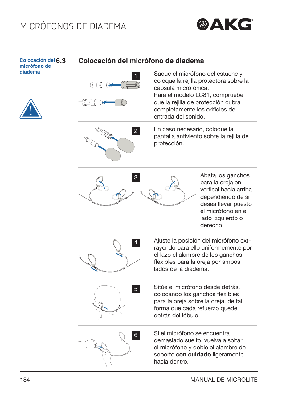 3 colocación del micrófono de diadema, Colocación del micrófono de diadema, Micrófonos de diadema | Akg LC81 MD Reference Lightweight Cardioid Lavalier Microphone (Black) User Manual | Page 184 / 208