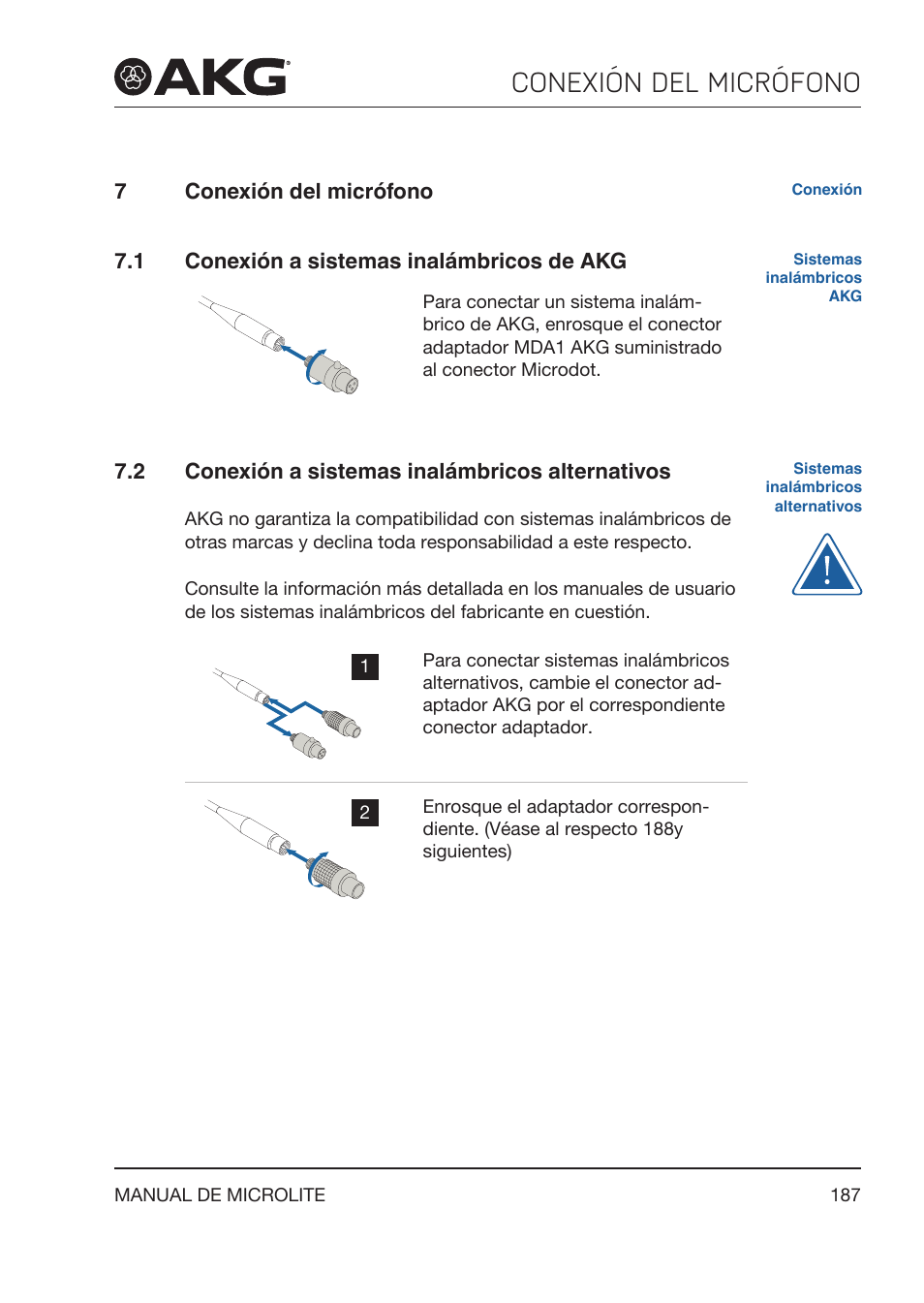 7 conexión del micrófono, 1 conexión a sistemas inalámbricos de akg, 2 conexión a sistemas inalámbricos alternativos | Conexión del micrófono, Conexión a sistemas inalámbricos de akg, Conexión a sistemas inalámbricos alternativos | Akg LC81 MD Reference Lightweight Cardioid Lavalier Microphone (Black) User Manual | Page 187 / 208