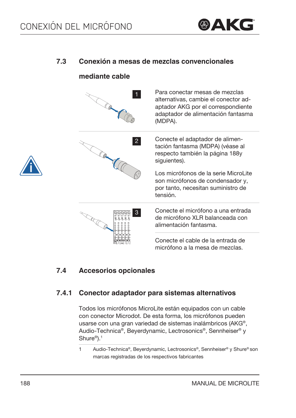 4 accesorios opcionales, 1 conector adaptador para sistemas alternativos, Accesorios opcionales | Conector adaptador para sistemas alternativos, Conexión del micrófono | Akg LC81 MD Reference Lightweight Cardioid Lavalier Microphone (Black) User Manual | Page 188 / 208