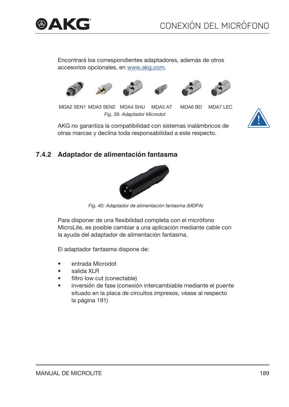 2 adaptador de alimentación fantasma, Adaptador de alimentación fantasma, Conexión del micrófono | Akg LC81 MD Reference Lightweight Cardioid Lavalier Microphone (Black) User Manual | Page 189 / 208