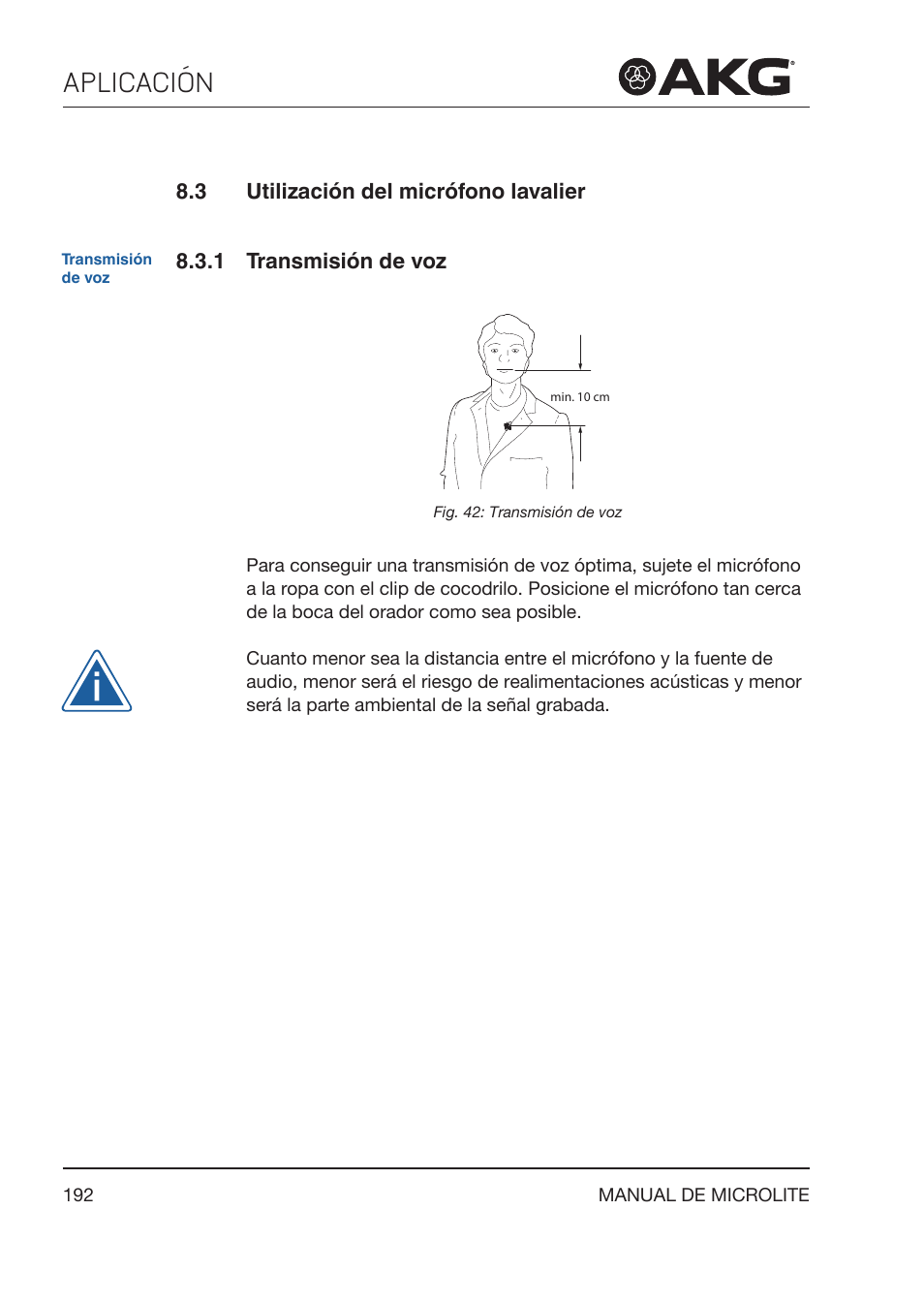 3 utilización del micrófono lavalier, 1 transmisión de voz, Utilización del micrófono lavalier | Transmisión de voz, Aplicación | Akg LC81 MD Reference Lightweight Cardioid Lavalier Microphone (Black) User Manual | Page 192 / 208