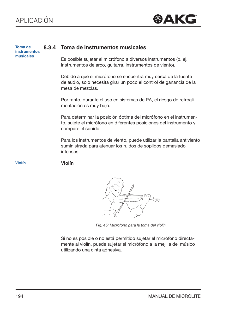4 toma de instrumentos musicales, Toma de instrumentos musicales, Aplicación | Akg LC81 MD Reference Lightweight Cardioid Lavalier Microphone (Black) User Manual | Page 194 / 208