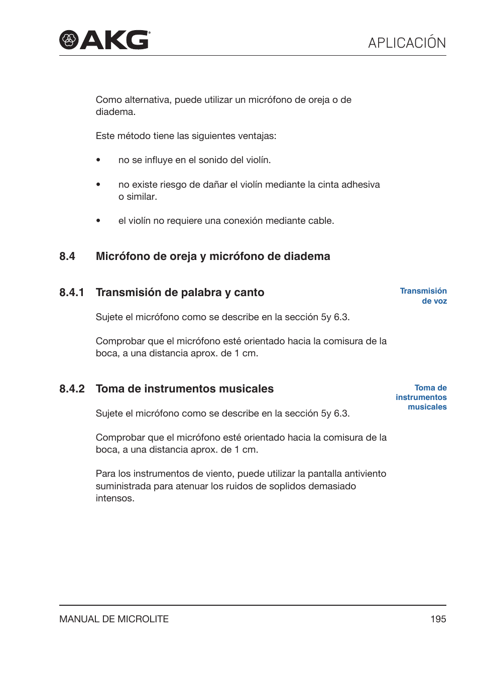 4 micrófono de oreja y micrófono de diadema, 1 transmisión de palabra y canto, 2 toma de instrumentos musicales | Micrófono de oreja y micrófono de diadema, Transmisión de palabra y canto, Toma de instrumentos musicales, Aplicación | Akg LC81 MD Reference Lightweight Cardioid Lavalier Microphone (Black) User Manual | Page 195 / 208