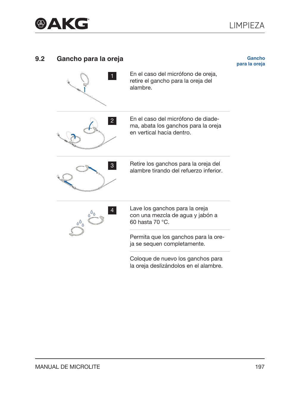 2 gancho para la oreja, Gancho para la oreja, Limpieza | Akg LC81 MD Reference Lightweight Cardioid Lavalier Microphone (Black) User Manual | Page 197 / 208