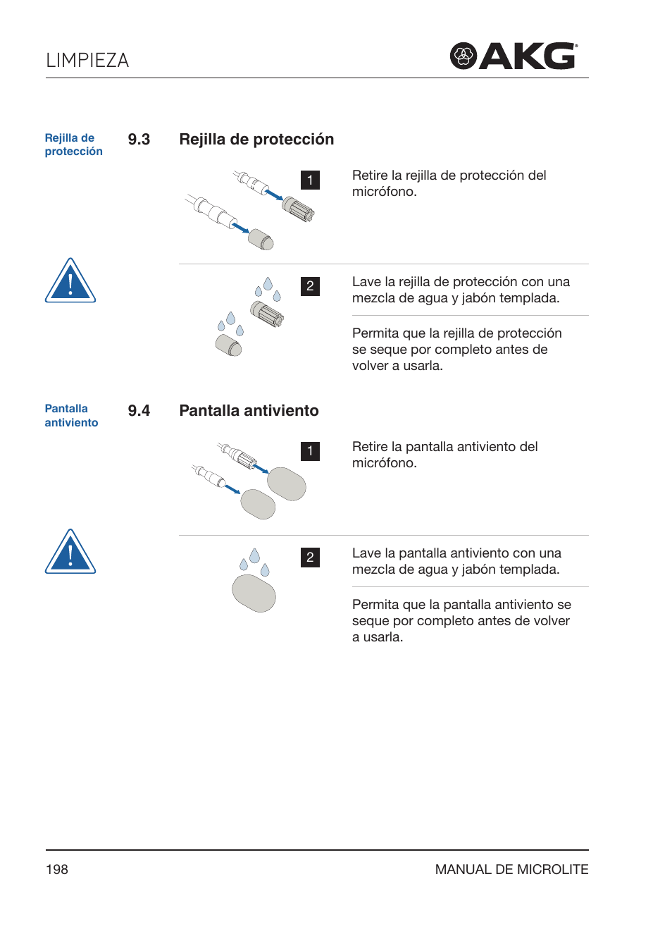 3 rejilla de protección, 4 pantalla antiviento, Rejilla de protección | Pantalla antiviento, Limpieza | Akg LC81 MD Reference Lightweight Cardioid Lavalier Microphone (Black) User Manual | Page 198 / 208