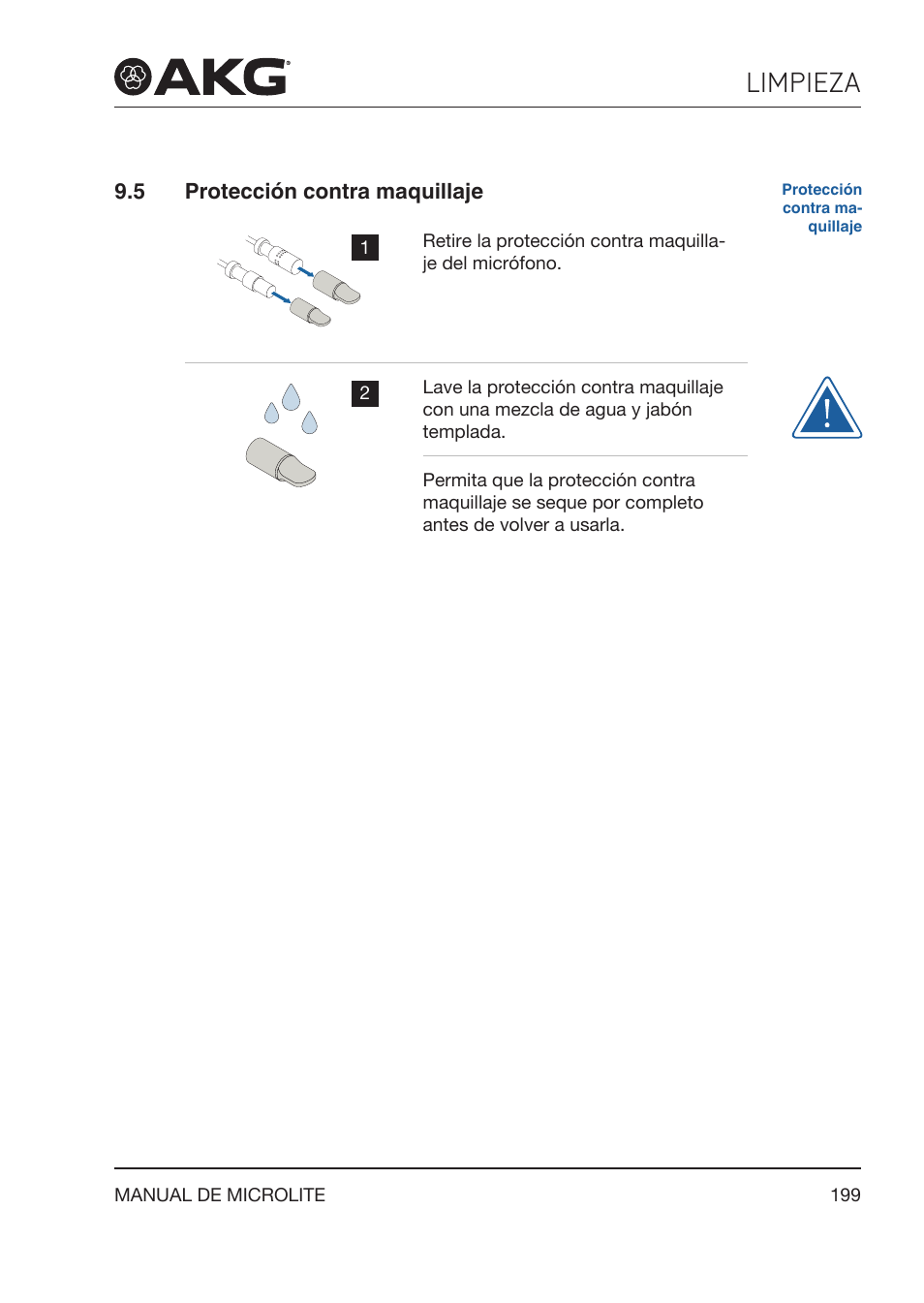5 protección contra maquillaje, Protección contra maquillaje, Limpieza | Akg LC81 MD Reference Lightweight Cardioid Lavalier Microphone (Black) User Manual | Page 199 / 208