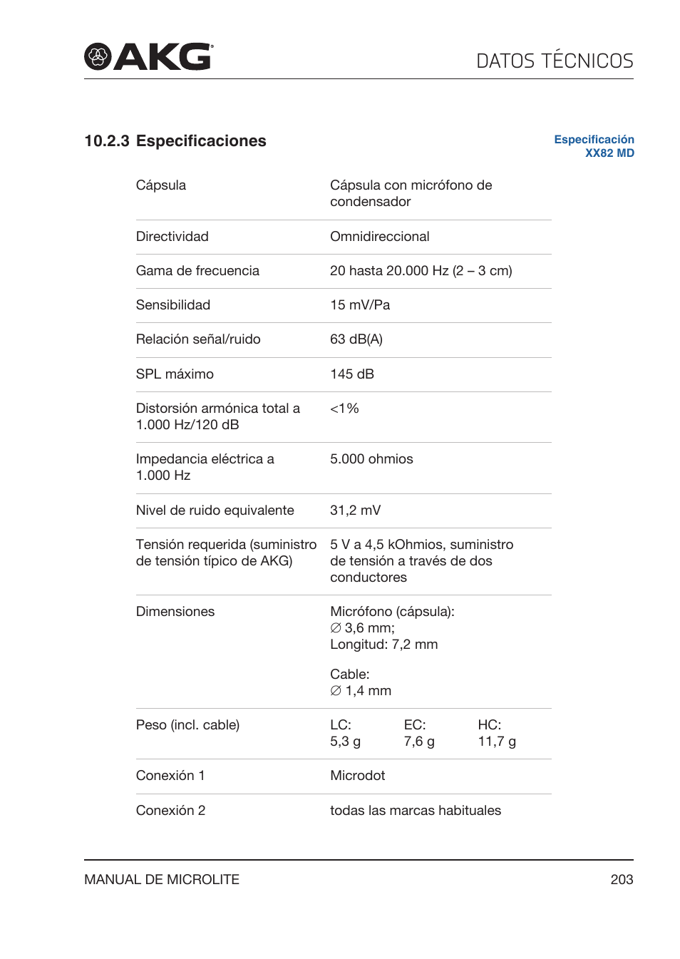 3 especificaciones, Especificaciones, Datos técnicos | Akg LC81 MD Reference Lightweight Cardioid Lavalier Microphone (Black) User Manual | Page 203 / 208