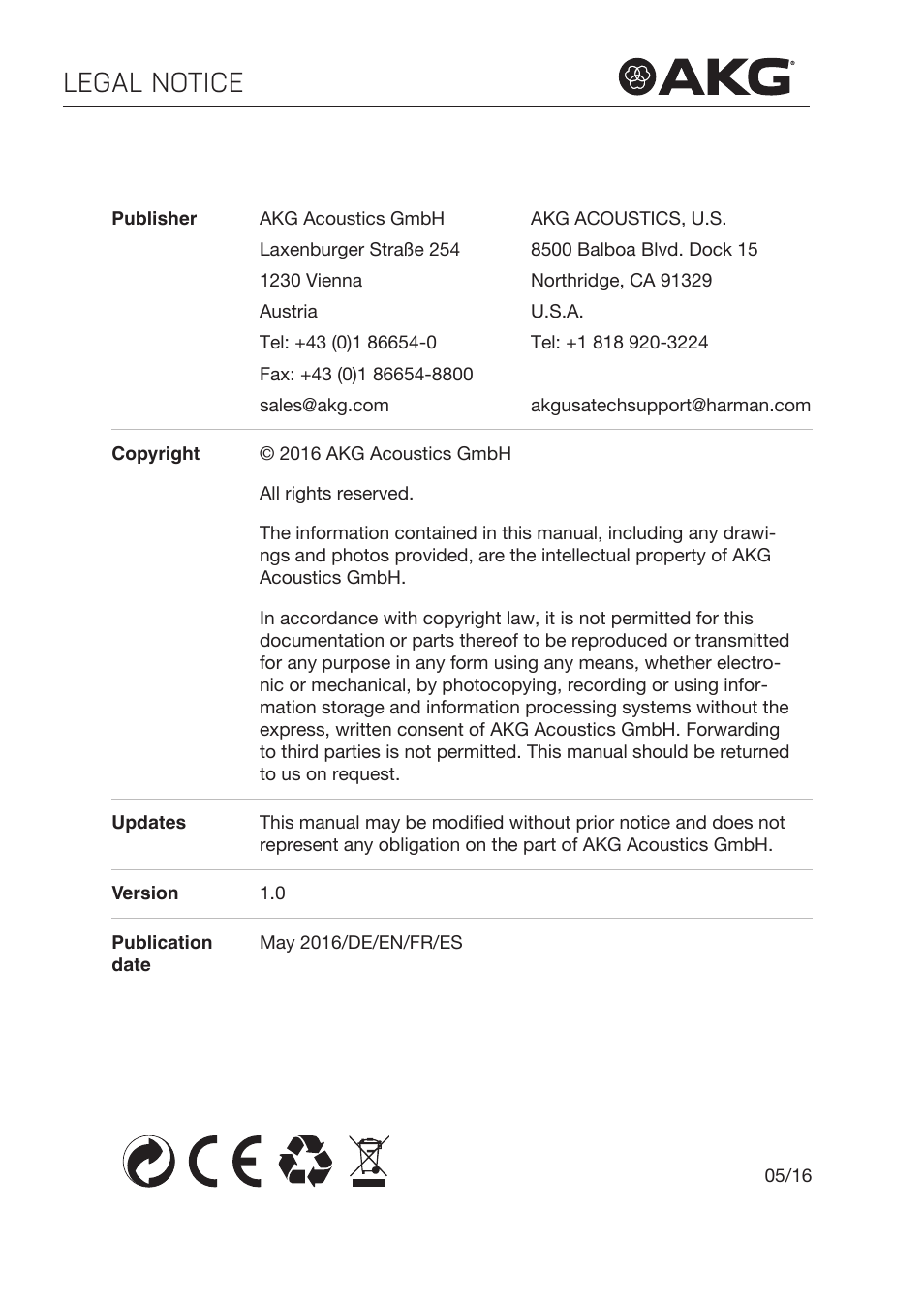 Legal notice | Akg LC81 MD Reference Lightweight Cardioid Lavalier Microphone (Black) User Manual | Page 208 / 208