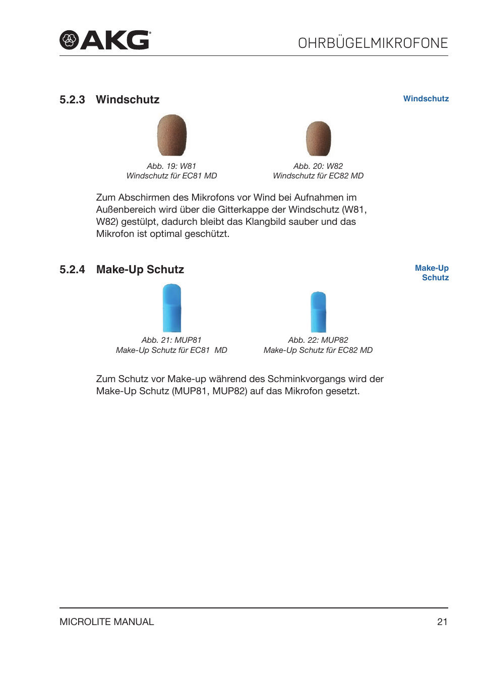 3 windschutz, 4 make‑up schutz, Make‑up schutz | Ohrbügelmikrofone, 4 make­up schutz | Akg LC81 MD Reference Lightweight Cardioid Lavalier Microphone (Black) User Manual | Page 21 / 208