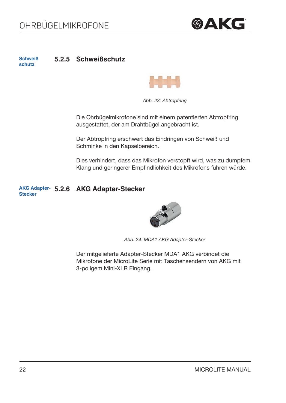 5 schweißschutz, 6 akg adapter‑stecker, Akg adapter‑stecker | Ohrbügelmikrofone | Akg LC81 MD Reference Lightweight Cardioid Lavalier Microphone (Black) User Manual | Page 22 / 208