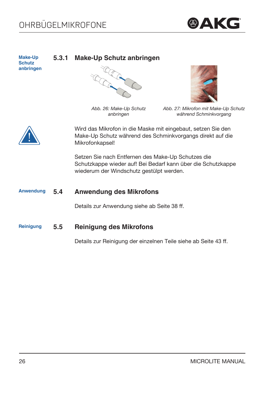 1 make‑up schutz anbringen, 4 anwendung des mikrofons, 5 reinigung des mikrofons | Make‑up schutz anbringen, Anwendung des mikrofons, Reinigung des mikrofons, Ohrbügelmikrofone | Akg LC81 MD Reference Lightweight Cardioid Lavalier Microphone (Black) User Manual | Page 26 / 208