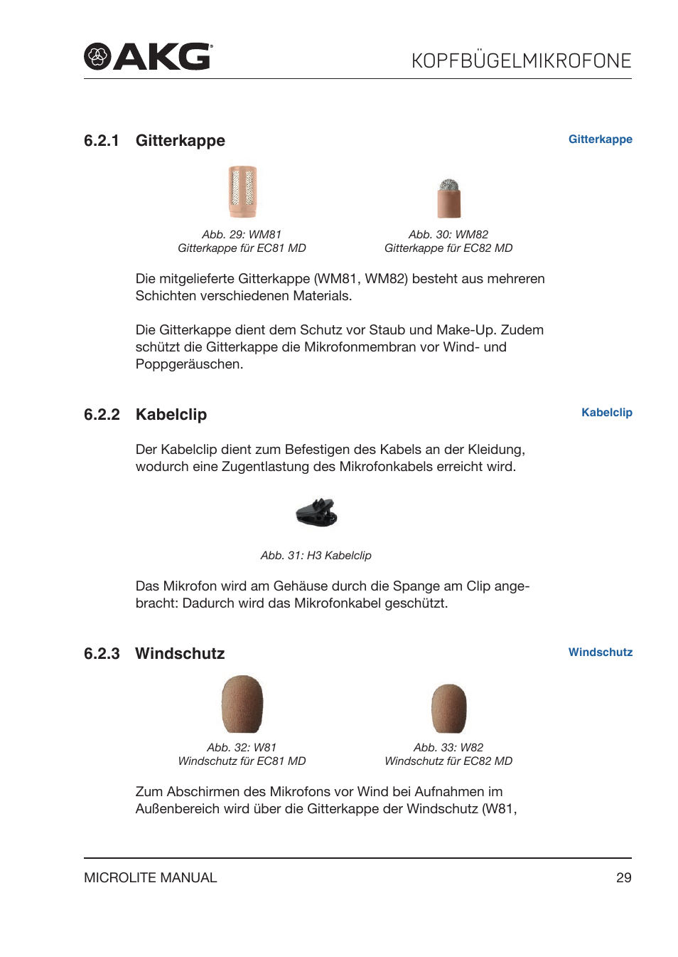 1 gitterkappe, 2 kabelclip, 3 windschutz | Kopfbügelmikrofone | Akg LC81 MD Reference Lightweight Cardioid Lavalier Microphone (Black) User Manual | Page 29 / 208
