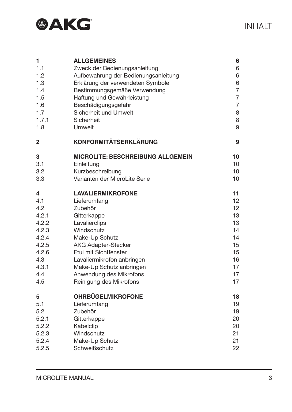 Bedienungsanleitung, Inhalt | Akg LC81 MD Reference Lightweight Cardioid Lavalier Microphone (Black) User Manual | Page 3 / 208