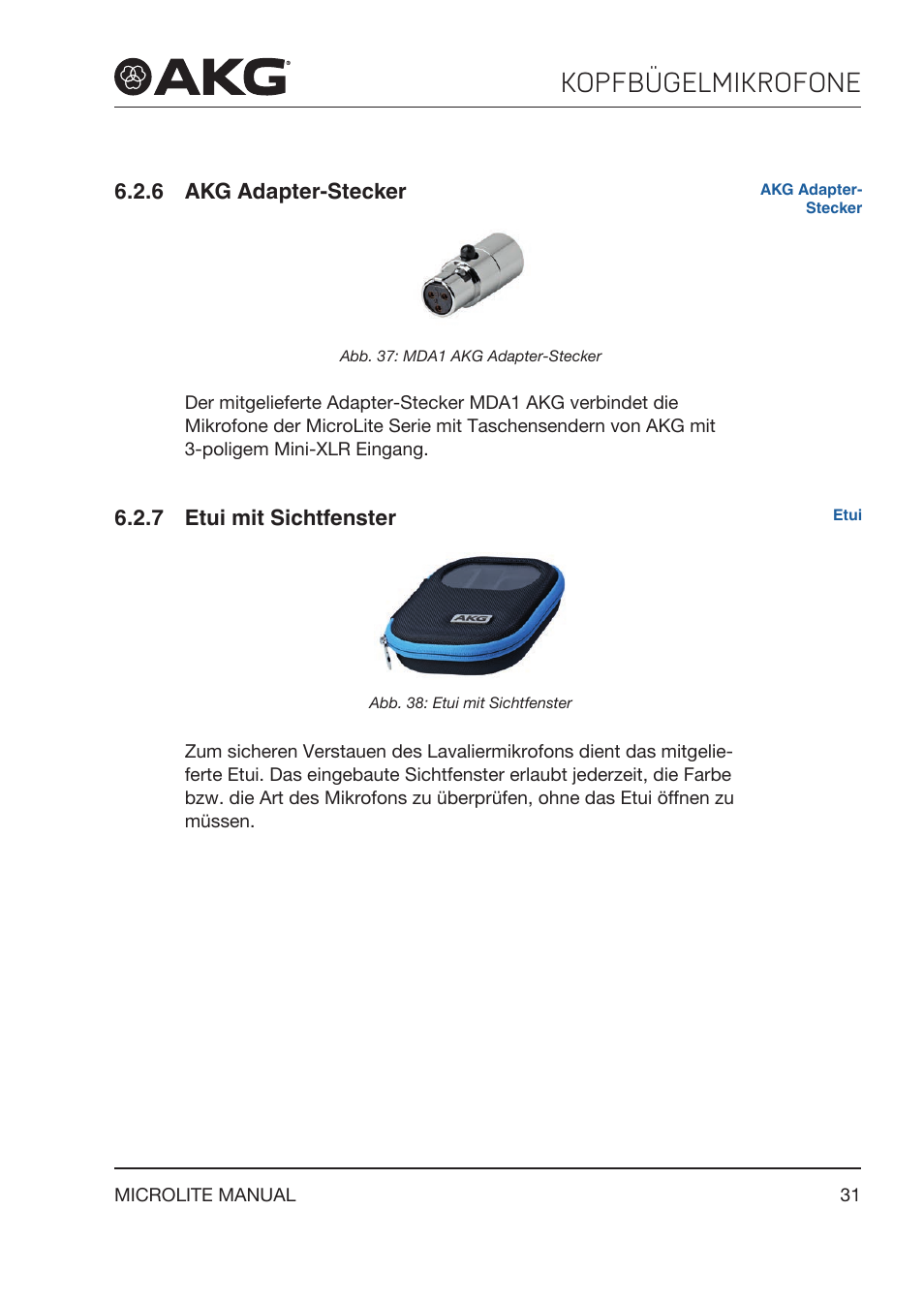 6 akg adapter‑stecker, 7 etui mit sichtfenster, Akg adapter‑stecker | Etui mit sichtfenster, Kopfbügelmikrofone | Akg LC81 MD Reference Lightweight Cardioid Lavalier Microphone (Black) User Manual | Page 31 / 208