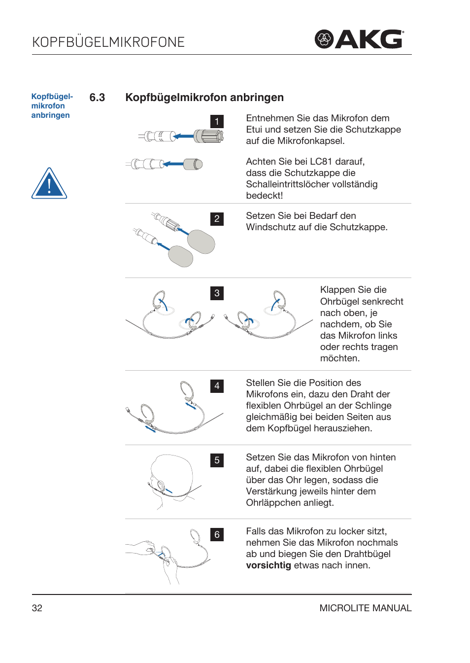 3 kopfbügelmikrofon anbringen, Kopfbügelmikrofon anbringen, Kopfbügelmikrofone | Akg LC81 MD Reference Lightweight Cardioid Lavalier Microphone (Black) User Manual | Page 32 / 208