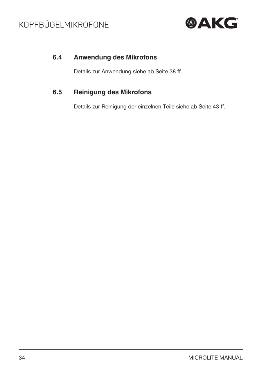 4 anwendung des mikrofons, 5 reinigung des mikrofons, Anwendung des mikrofons | Reinigung des mikrofons, Kopfbügelmikrofone | Akg LC81 MD Reference Lightweight Cardioid Lavalier Microphone (Black) User Manual | Page 34 / 208
