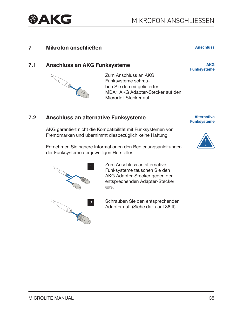 7 mikrofon anschließen, 1 anschluss an akg funksysteme, 2 anschluss an alternative funksysteme | Mikrofon anschliessen, Anschluss an akg funksysteme, Anschluss an alternative funksysteme | Akg LC81 MD Reference Lightweight Cardioid Lavalier Microphone (Black) User Manual | Page 35 / 208