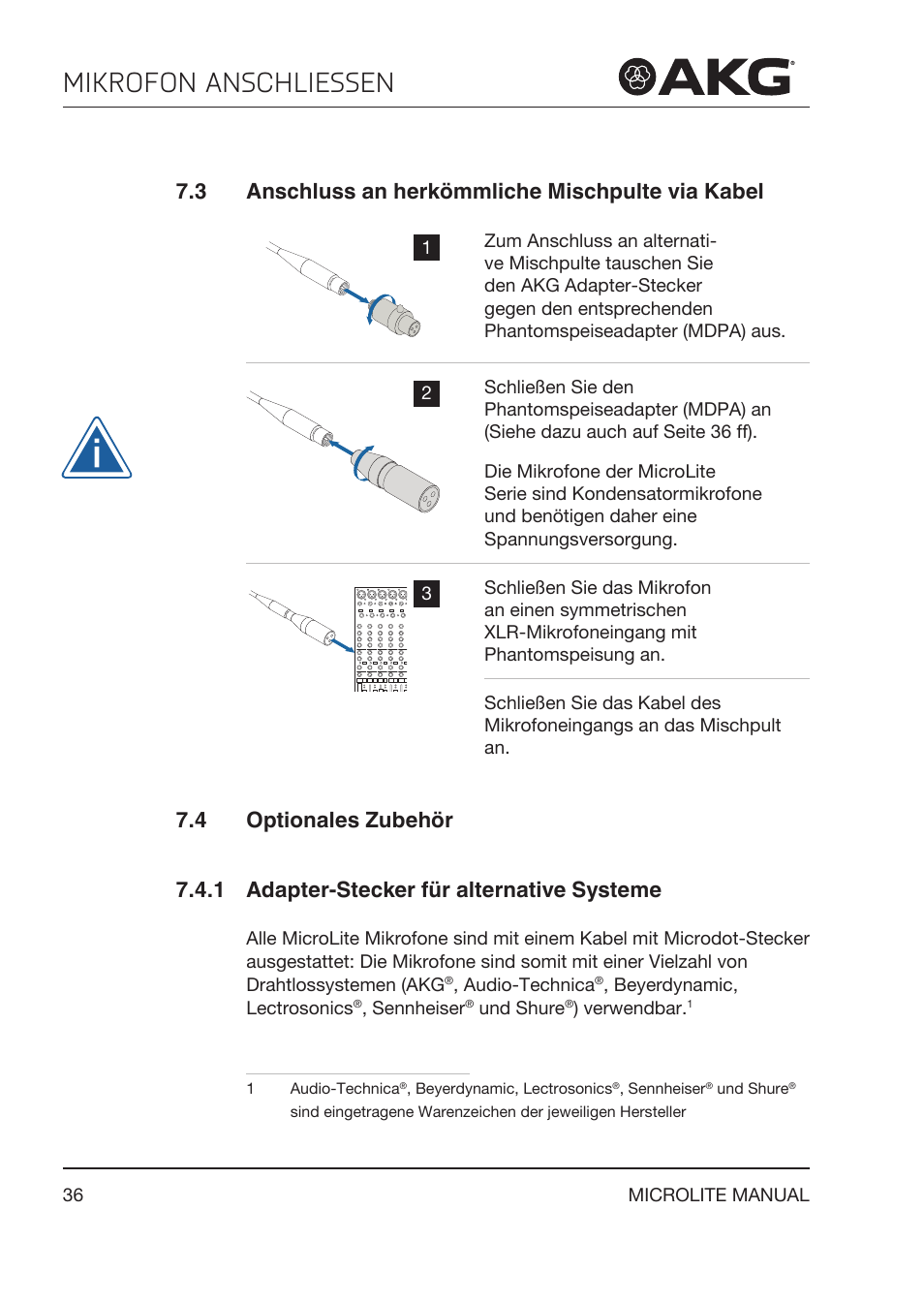 3 anschluss an herkömmliche mischpulte via kabel, 4 optionales zubehör, 1 adapter-stecker für alternative systeme | Anschluss an herkömmliche mischpulte via kabel, Optionales zubehör, Adapter‑stecker für alternative systeme, Mikrofon anschliessen | Akg LC81 MD Reference Lightweight Cardioid Lavalier Microphone (Black) User Manual | Page 36 / 208