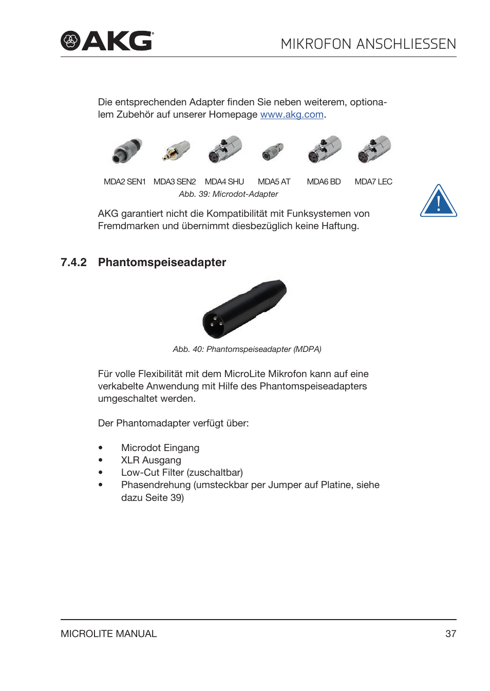 2 phantomspeiseadapter, Mikrofon anschliessen | Akg LC81 MD Reference Lightweight Cardioid Lavalier Microphone (Black) User Manual | Page 37 / 208