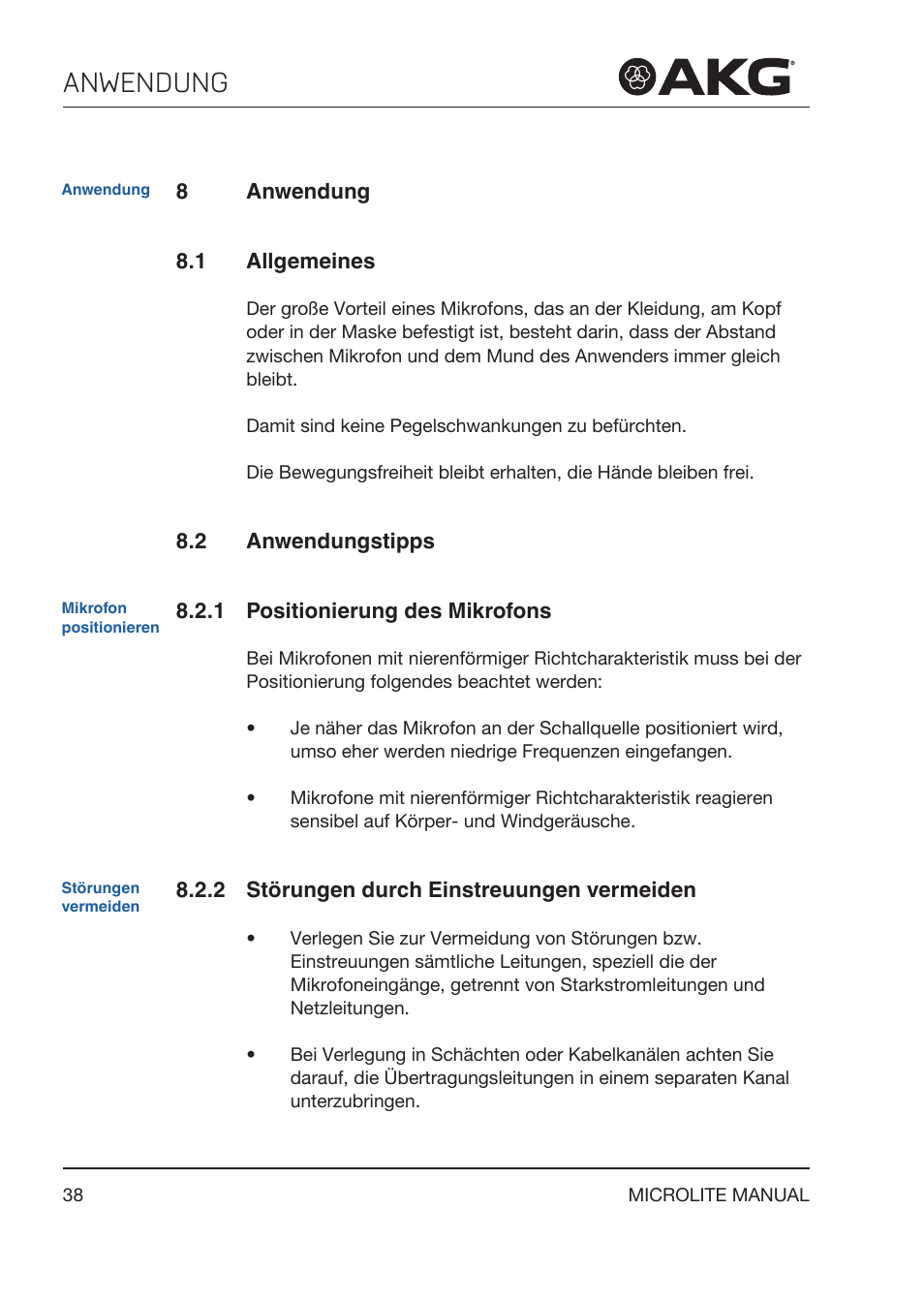 8 anwendung, 1 allgemeines, 2 anwendungstipps | 1 positionierung des mikrofons, 2 störungen durch einstreuungen vermeiden, Anwendung, Positionierung des mikrofons, Störungen durch einstreuungen vermeiden | Akg LC81 MD Reference Lightweight Cardioid Lavalier Microphone (Black) User Manual | Page 38 / 208