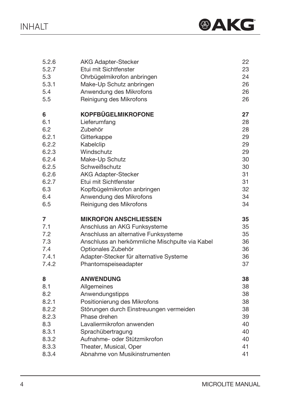 Inhalt | Akg LC81 MD Reference Lightweight Cardioid Lavalier Microphone (Black) User Manual | Page 4 / 208