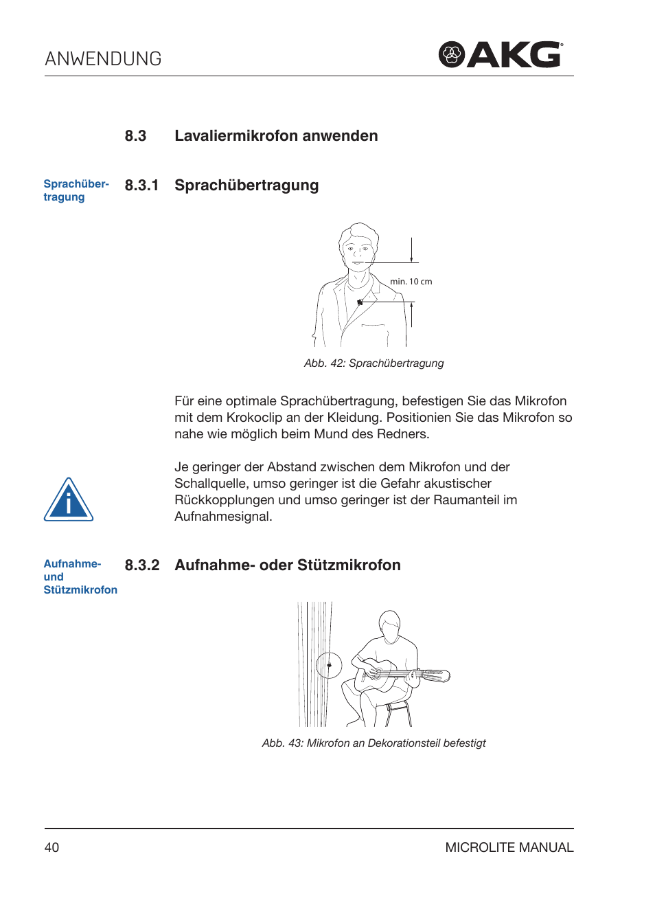 3 lavaliermikrofon anwenden, 1 sprachübertragung, 2 aufnahme- oder stützmikrofon | Lavaliermikrofon anwenden, Aufnahme‑ oder stützmikrofon, Anwendung | Akg LC81 MD Reference Lightweight Cardioid Lavalier Microphone (Black) User Manual | Page 40 / 208