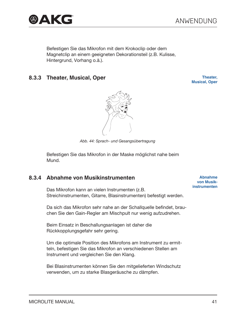3 theater, musical, oper, 4 abnahme von musikinstrumenten, Theater, musical, oper | Abnahme von musikinstrumenten, Anwendung | Akg LC81 MD Reference Lightweight Cardioid Lavalier Microphone (Black) User Manual | Page 41 / 208